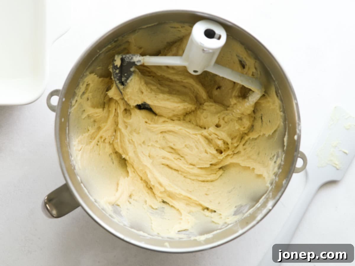 Vanilla buttermilk cake batter in a mixing bowl, ready for baking
