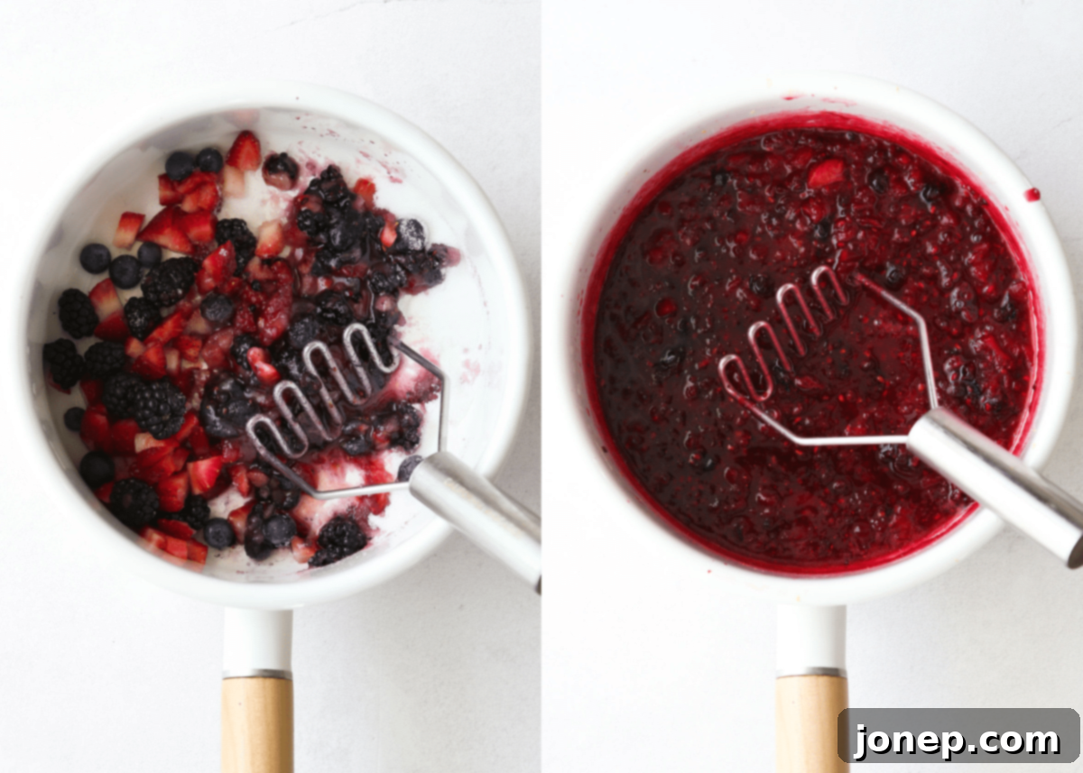 Making fresh berry filling in a saucepan on the stove