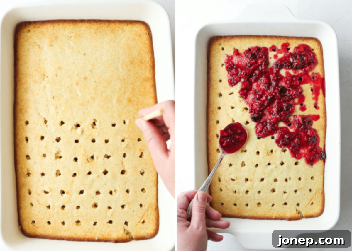 Poking holes in a warm cake and spooning in the homemade berry filling