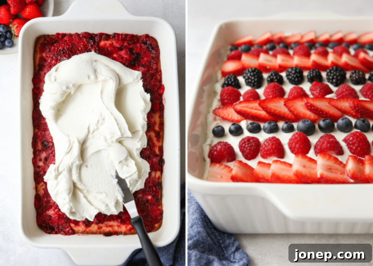 Berry poke cake cooling with a layer of berry filling, before whipped cream topping is added