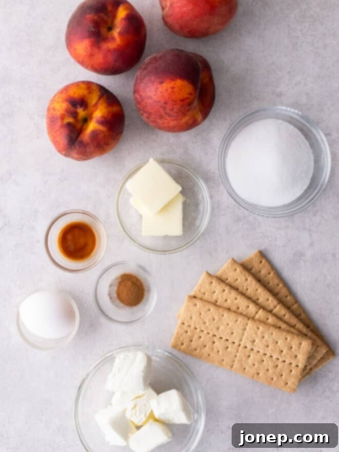 Cheesecake Stuffed Peaches with Graham Cracker Crumble 4 cheesecake stuffed peaches ingredients measured out