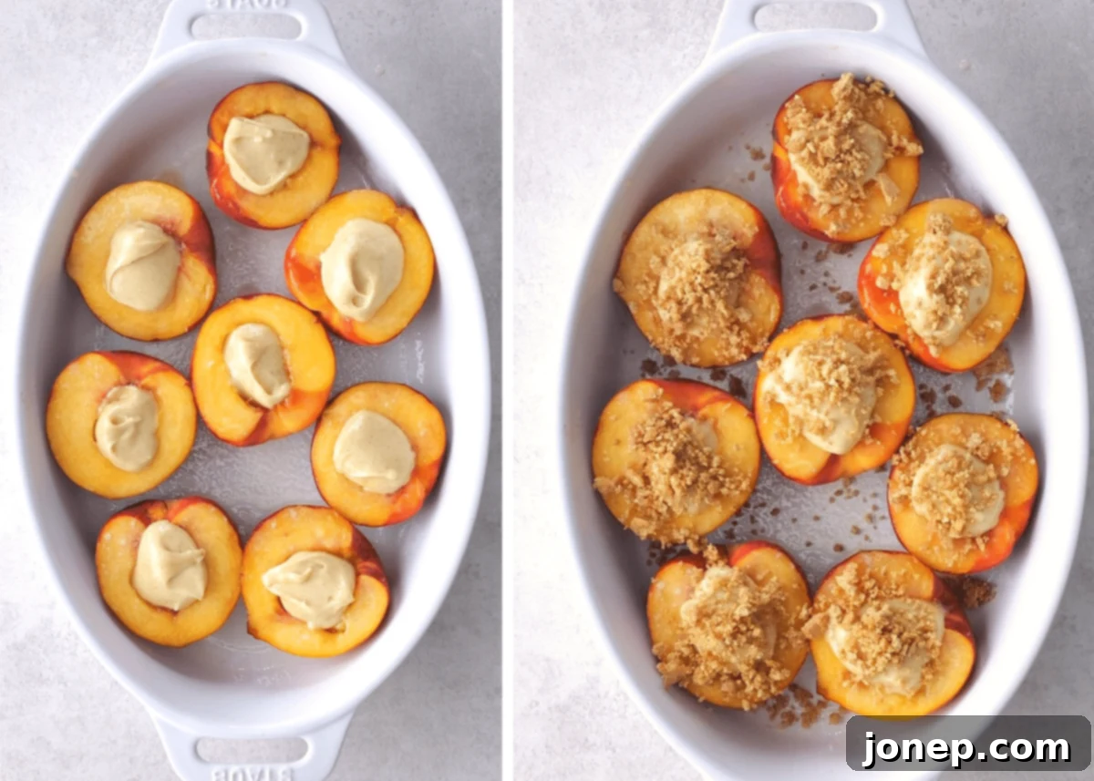 peaches with cheesecake filling and graham cracker topping