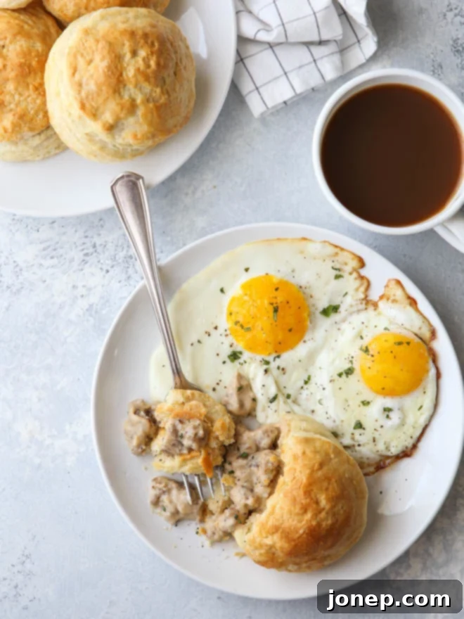 Golden brown buttermilk biscuits with savory sausage gravy peeking from the inside