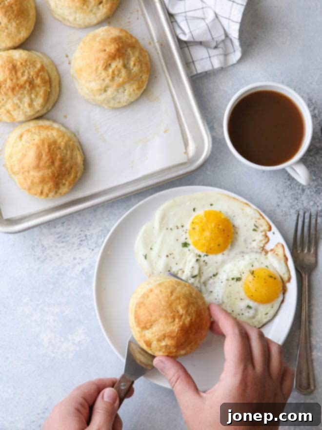 A hand holding a warm, golden-brown sausage gravy stuffed biscuit, ready for a delicious breakfast on the go!
