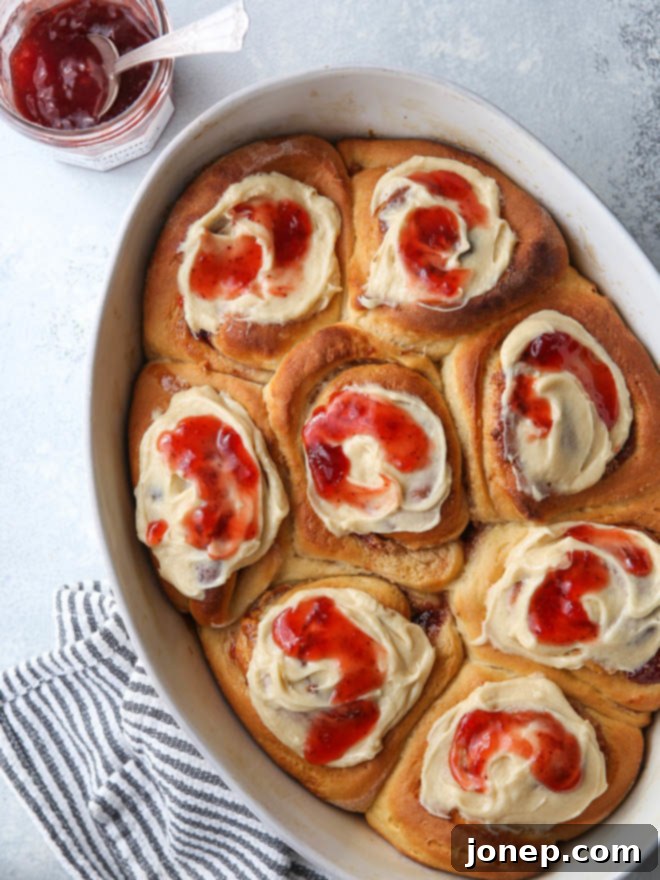 Delicious Peanut Butter and Jam Sweet Rolls fresh out of the oven, ready to be enjoyed.