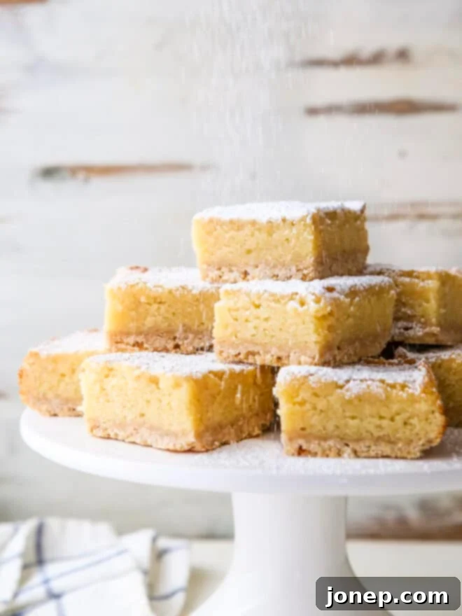 A stack of maple butter bars, artfully arranged on a ceramic platter, glistening with powdered sugar. The rich golden color of the bars suggests their buttery, sweet flavor.