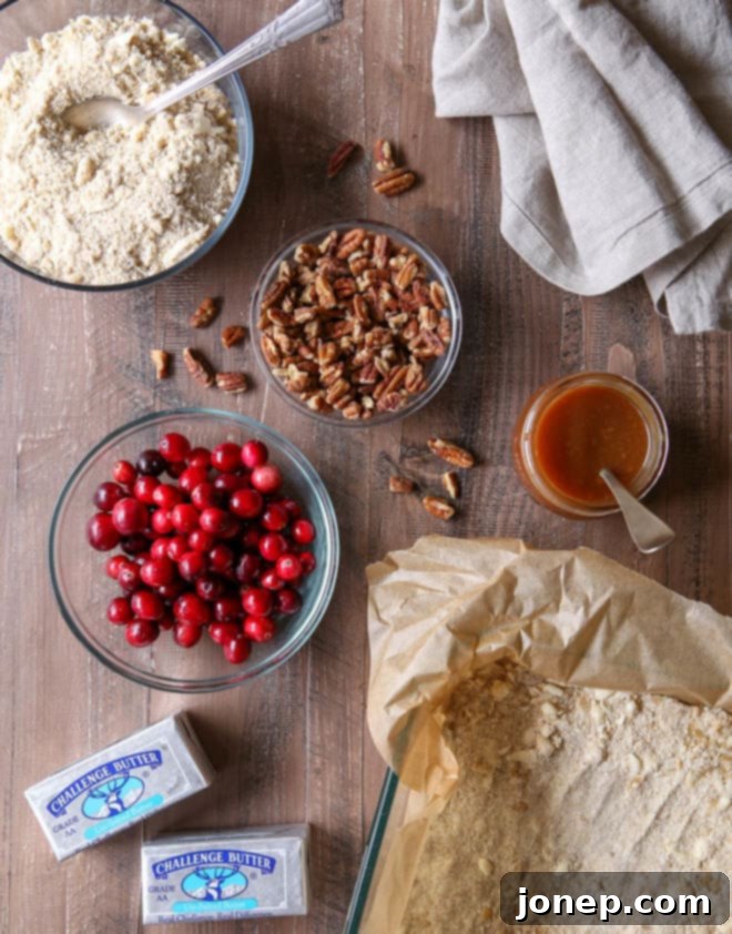 All the ingredients for caramel cranberry nut bars
