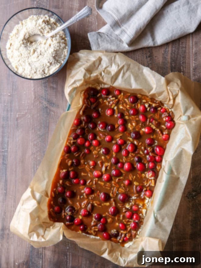 caramel cranberry nut bars ready for the oven