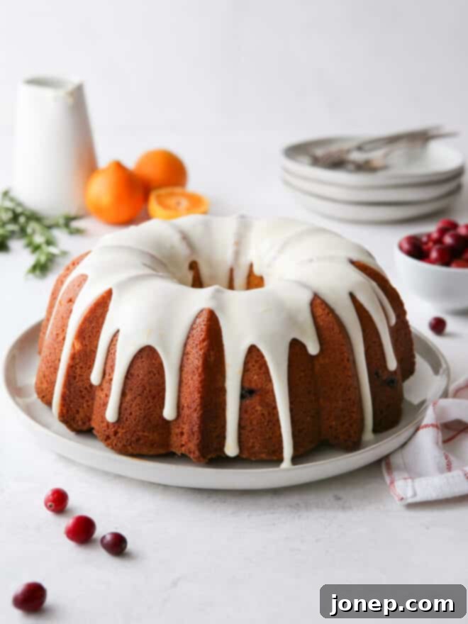 Zesty Cranberry Orange Bundt 2 Glazed Cranberry Orange Bundt Cake on a decorative plate, ready to be served.