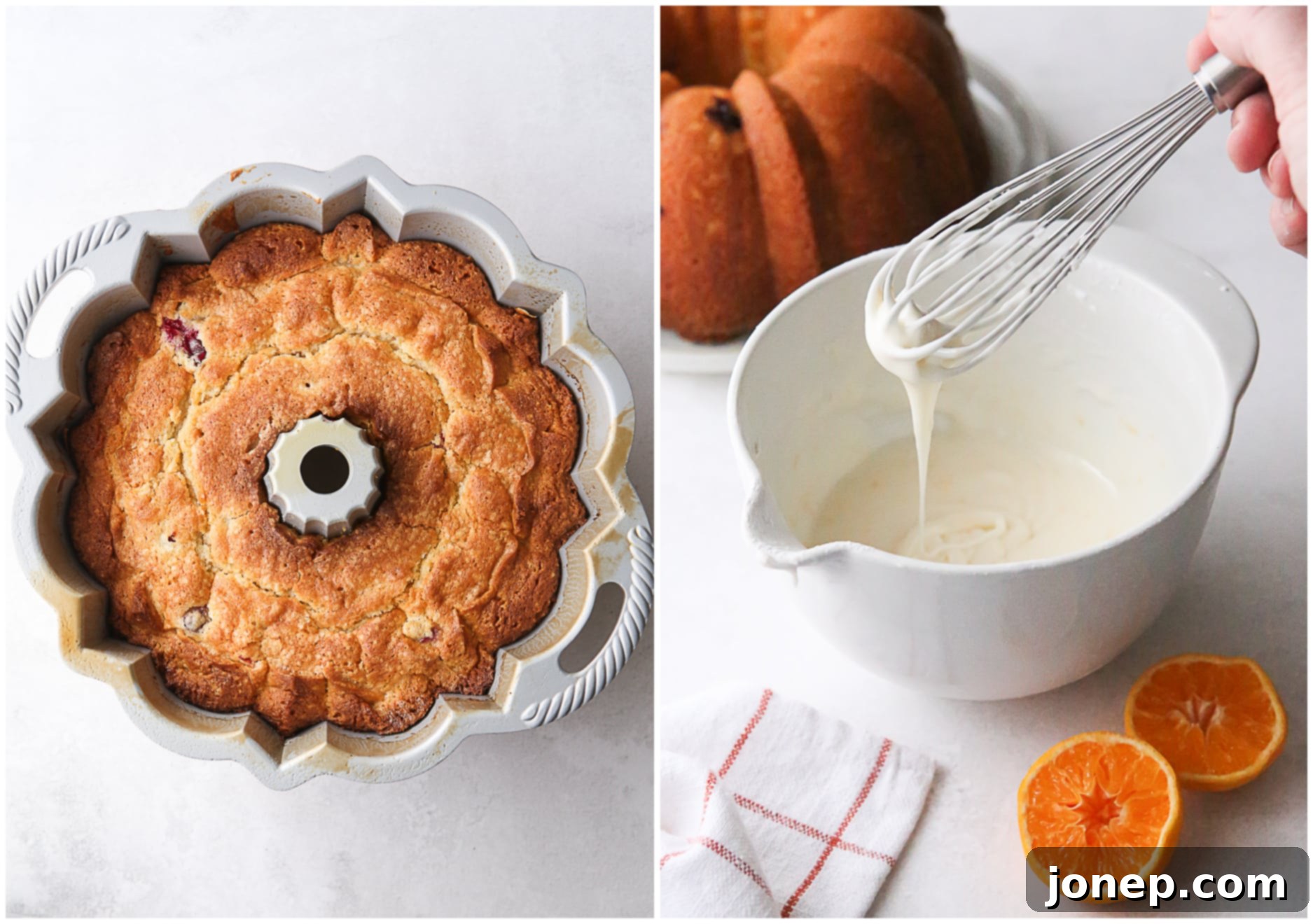 A freshly baked bundt cake cooling on a wire rack next to a bowl of orange glaze.