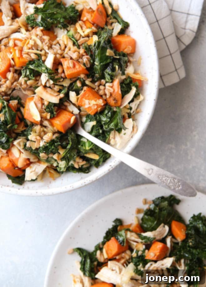 This farro bowl with chicken, kale and sweet potatoes is one of my favorite healthy meals!