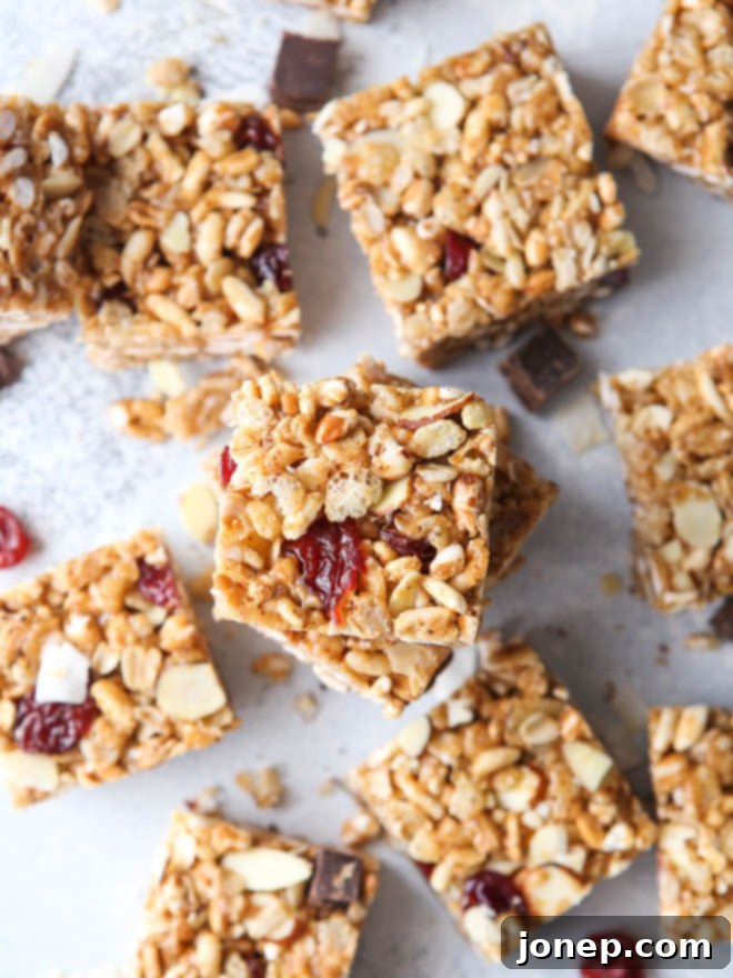 No-bake cereal bars with dried cherries, almonds, and coconut