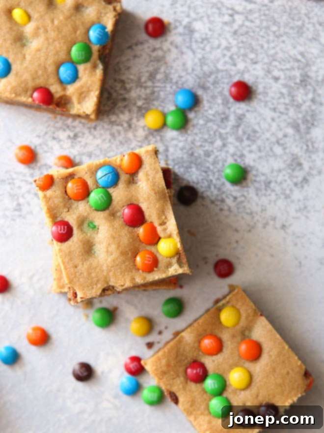 Delicious and colorful Peanut Butter M&M Cookie Bars freshly baked