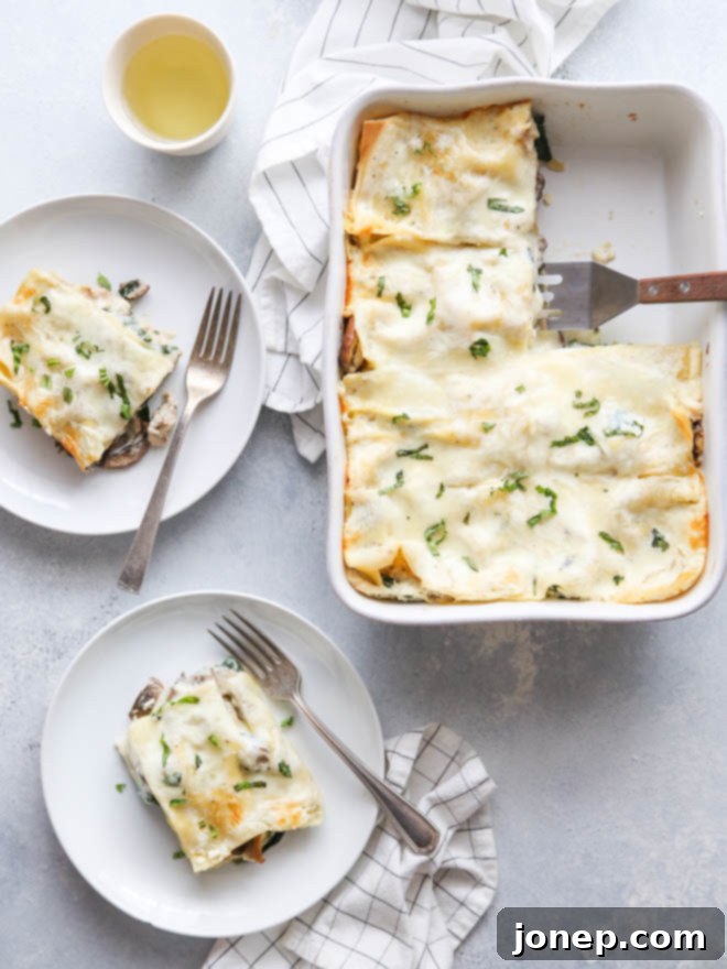 Rich and creamy chicken, mushroom, and spinach lasagna with golden brown cheese topping, ready to serve from completelydelicious.com