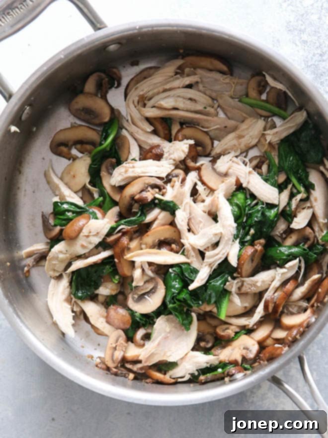 Close-up of the savory filling: perfectly cooked shredded chicken mixed with sautéed mushrooms and wilted spinach, ready for layering in the lasagna.