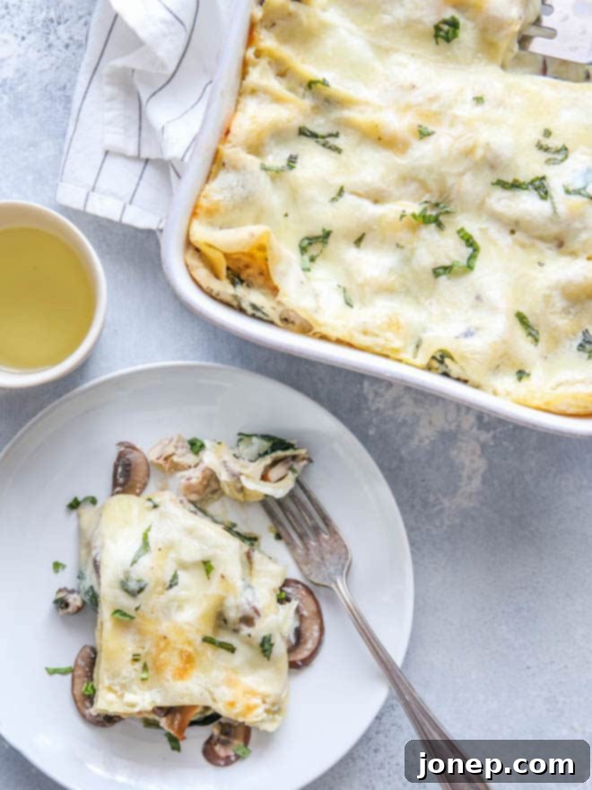 A perfectly portioned slice of chicken, mushroom, and spinach lasagna on a plate, showcasing its beautiful layers of creamy sauce, tender chicken, and vegetables, garnished with fresh basil.