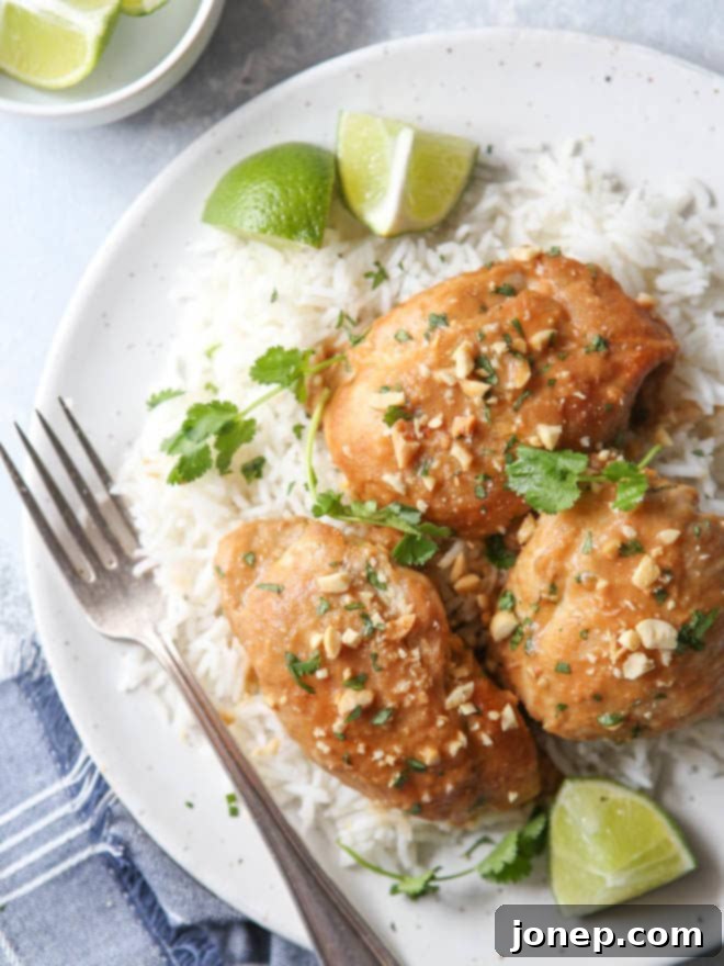 Tender Instant Pot Thai Chicken in a vibrant lime-peanut sauce, garnished with fresh cilantro and crushed peanuts.