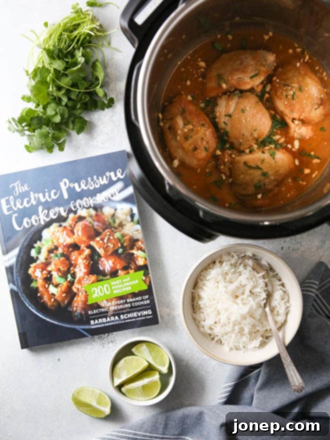 Serving Instant Pot Thai Chicken with fresh lime and cilantro, ready to be enjoyed.