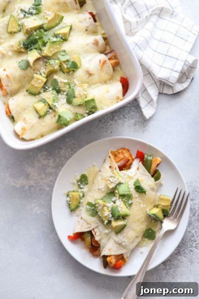 Delicious Chicken Fajita Enchiladas baked to golden perfection with melted cheese