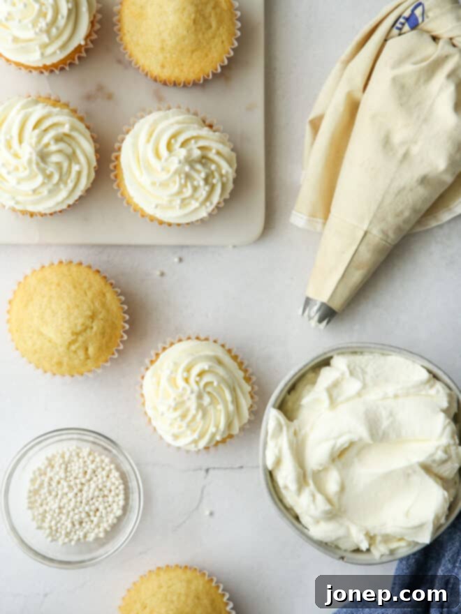 Classic Vanilla Cupcakes 8 A beautifully frosted vanilla cupcake with sprinkles.