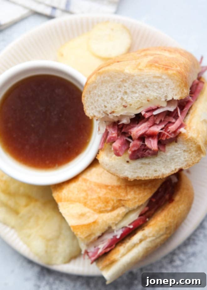 Corned beef french dip sandwiches all ready to enjoy, served with dipping au jus