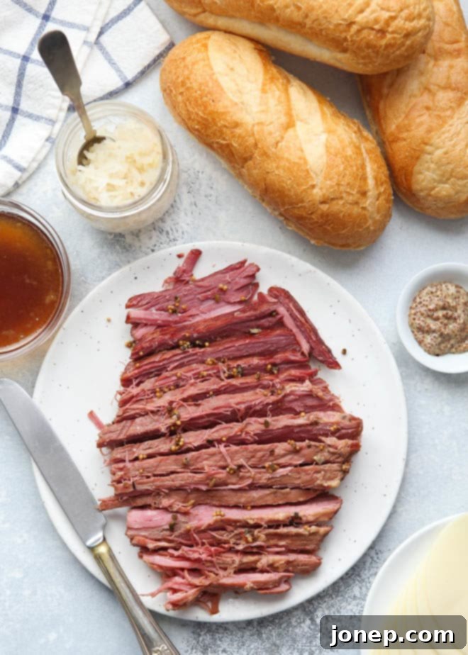 All the fixings for corned beef french dip sandwiches laid out on a cutting board