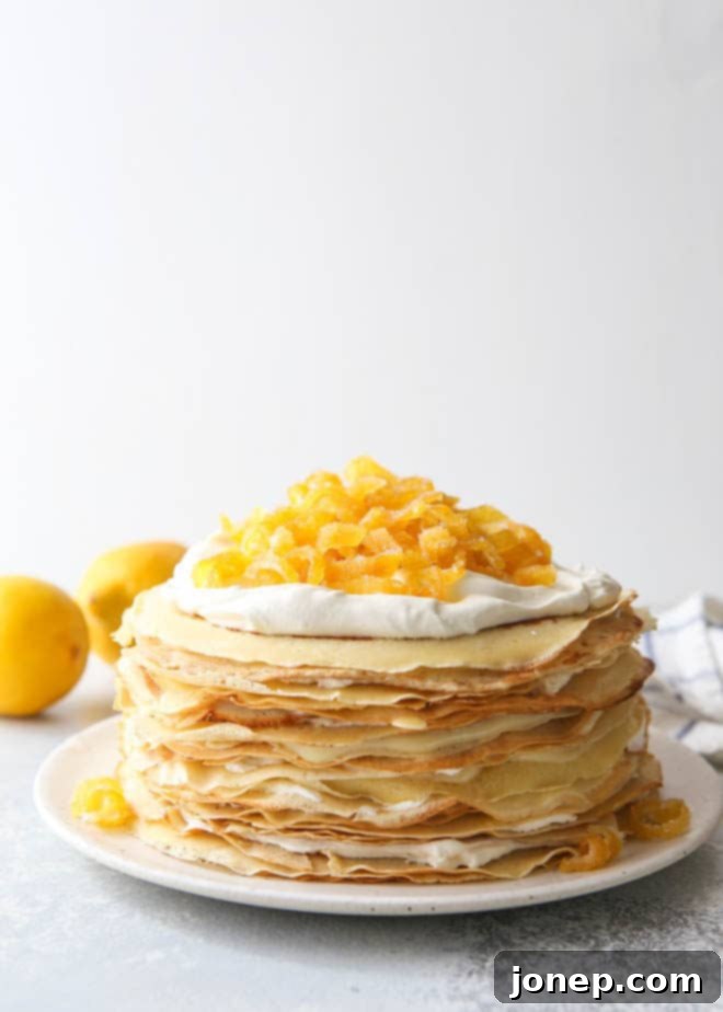 A tall tower of crepes, lemon curd and mascarpone cream, beautifully layered and ready to serve