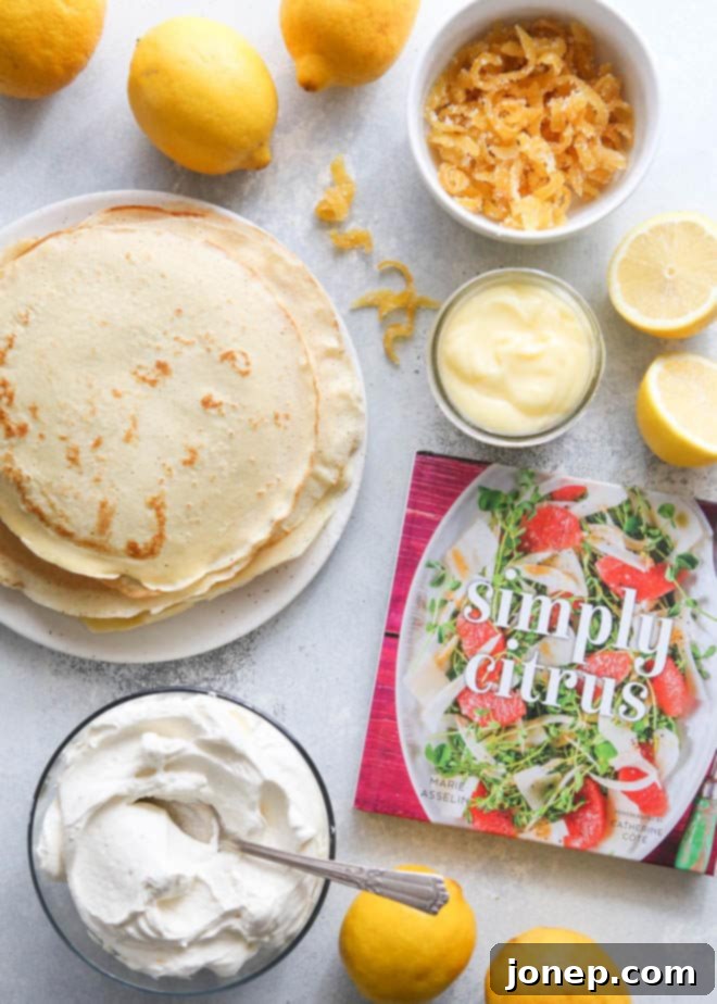 Process of making the Lemon Mascarpone Crepe Cake from the book Simply Citrus, showing ingredients or a step