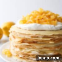 Luscious Lemon Mascarpone Crepe Cake 6 Lemon mascarpone crepe cake, garnished with candied lemon peel
