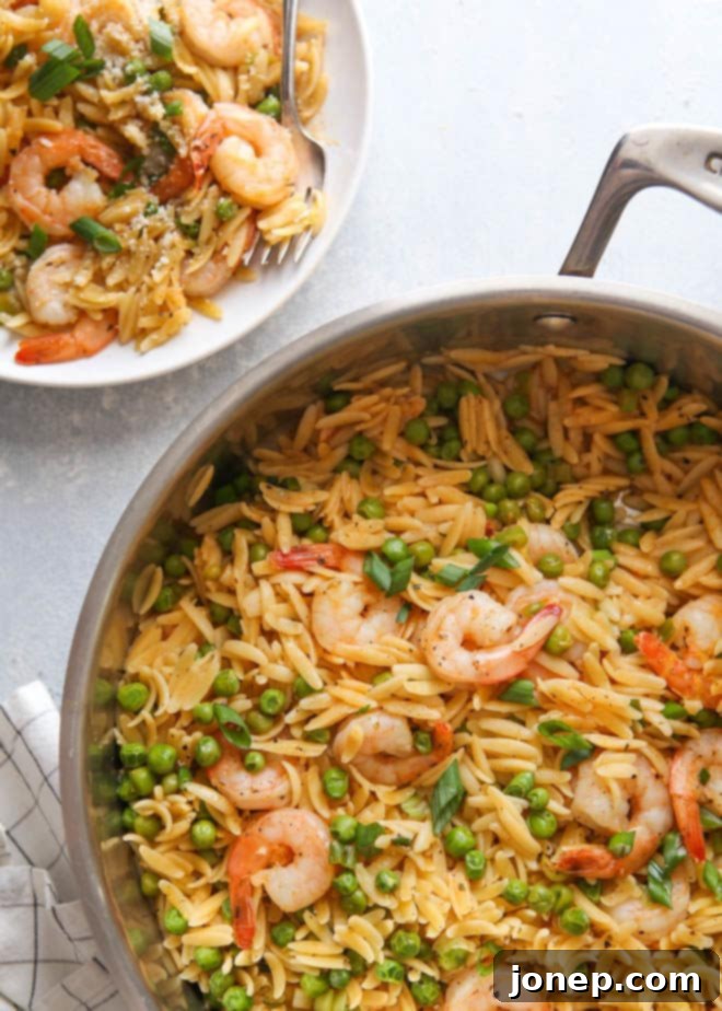 A close-up of a generous serving of one-pot shrimp and pea orzo, showcasing the vibrant pink shrimp, green peas, and tender pasta.