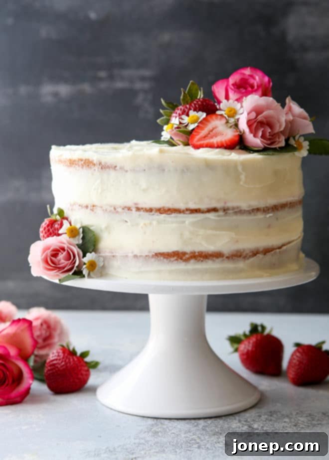 Homemade strawberry layer cake with fresh strawberries and cream cheese frosting, decorated with flowers