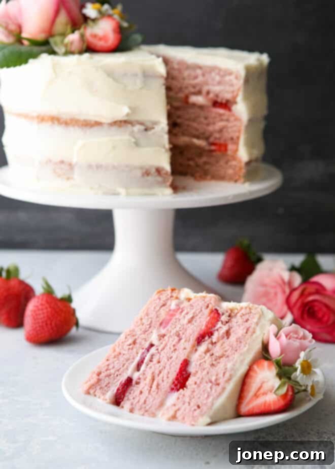 Top view of a homemade strawberry layer cake with fresh strawberries and cream cheese frosting, on a cake stand
