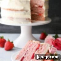 Homemade strawberry layer cake with fresh strawberries and cream cheese frosting