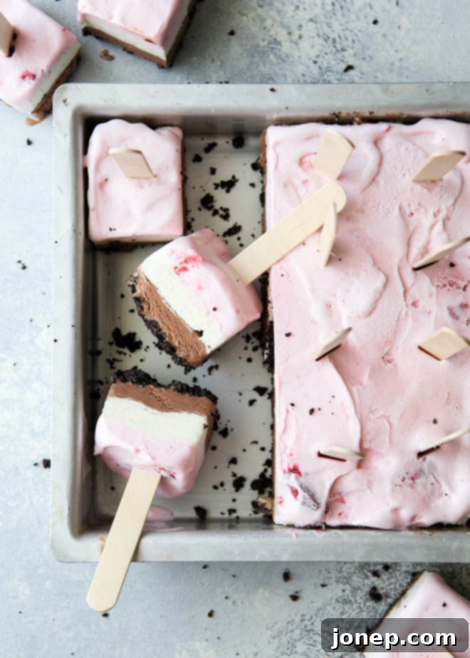 Delicious layers of Oreo cookie crust, rich chocolate ice cream, creamy vanilla ice cream, and sweet strawberry ice cream forming a refreshing Neapolitan ice cream pop, ready for summer enjoyment.