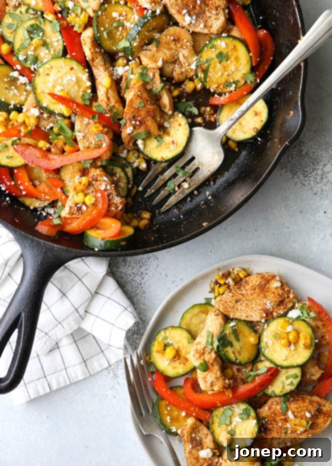 This southwest chicken skillet with zucchini, bell peppers, and corn is a delicious and healthy summer meal, perfect for quick dinners.