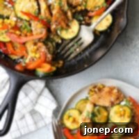 Southwest Chicken Skillet with Zucchini and Corn 5 A delicious and healthy Southwest Chicken Skillet with zucchini and corn, ready to serve.