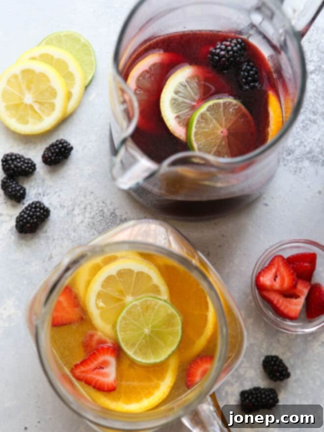 pitchers of red wine sangria and white wine sangria