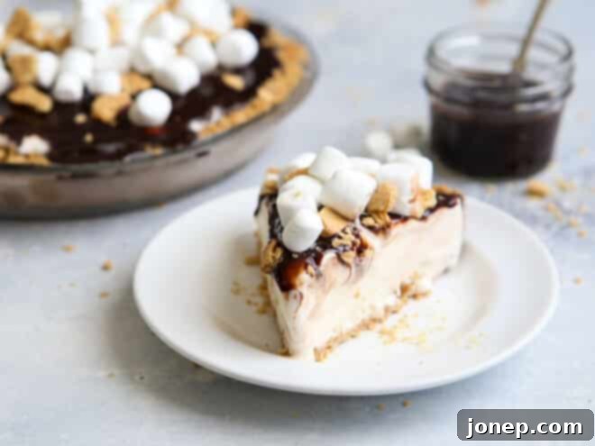 Smores Ice Cream Pie 10 slice of s'mores ice cream pie on a plate