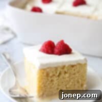 Classic Tres Leches Cake with a light, fluffy whipped cream topping and a fresh cherry garnish, presented beautifully.