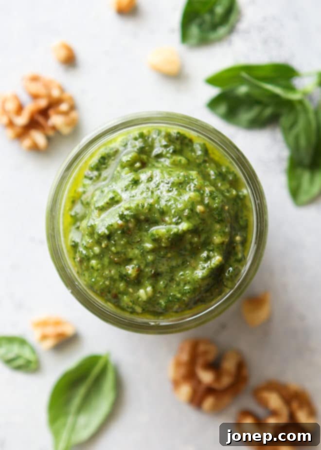 Fresh basil walnut pesto, a versatile sauce for many dishes.