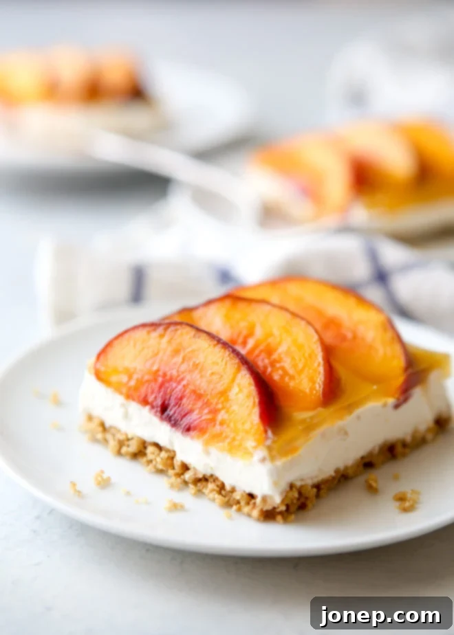 Delicious no-bake peaches and cream delight squares for any occasion.
