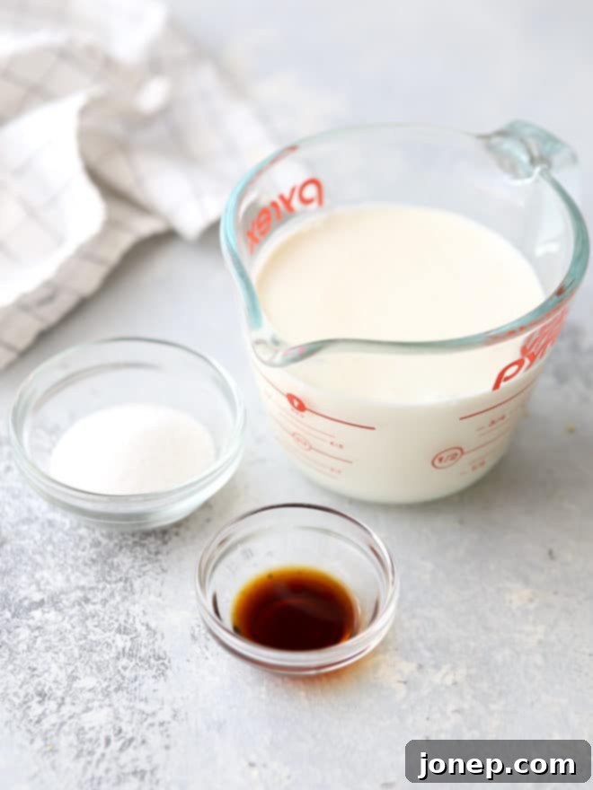 Achieve Flawless Whipped Cream 3 Ingredients for perfectly whipped cream, showcasing heavy cream, sugar, and vanilla extract