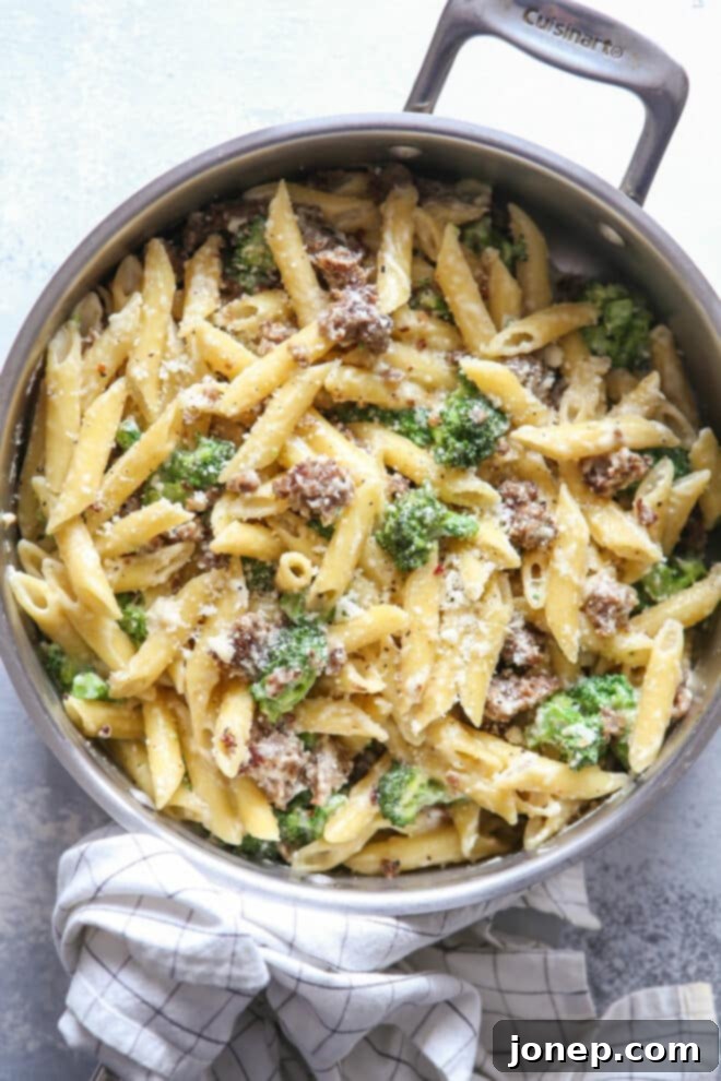 Easy one-pot sausage and broccoli pasta, perfect for a quick weeknight meal
