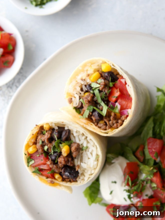 Crowd-pleasing ground beef, black bean and corn burritos