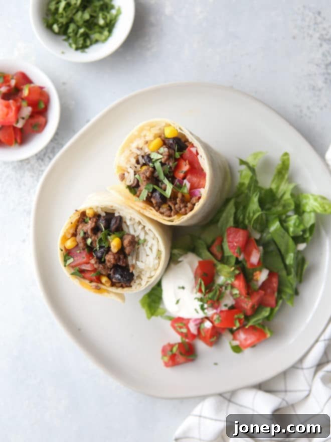 Crowd-pleasing ground beef, black bean and corn burritos