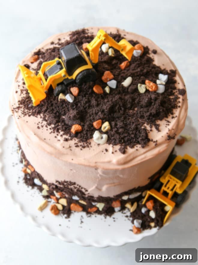 Oreo dirt layer cake with chocolate rocks and mini tractors for my son's 3rd birthday!