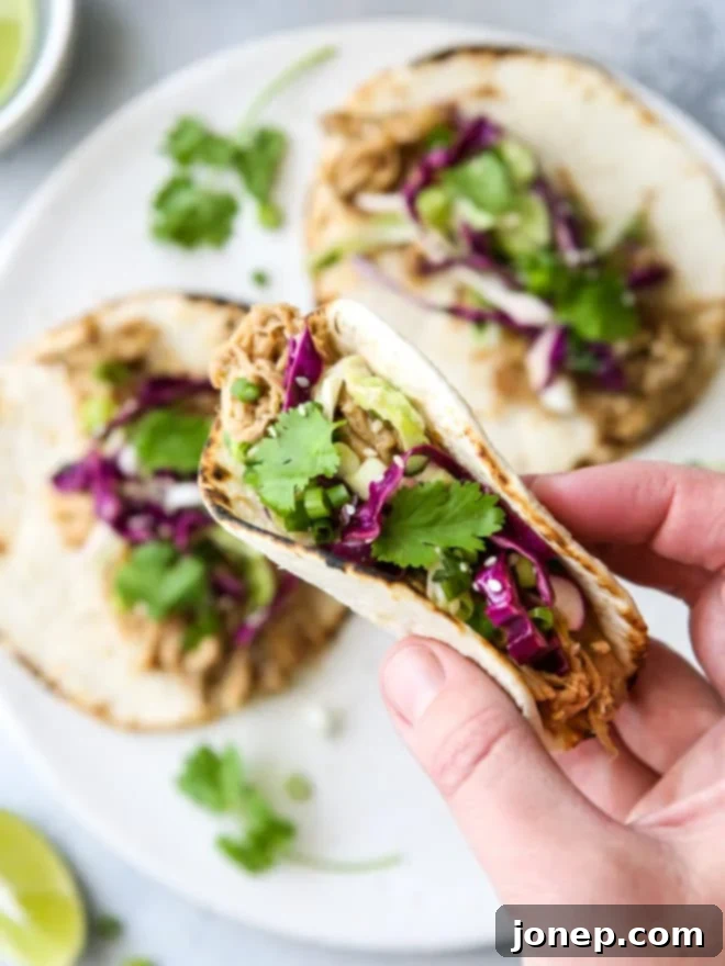 Gochujang Pulled Pork Tacos 4 A hand holding a perfectly assembled Slow Cooker Korean Pork Taco, showcasing the succulent pork and vibrant slaw.
