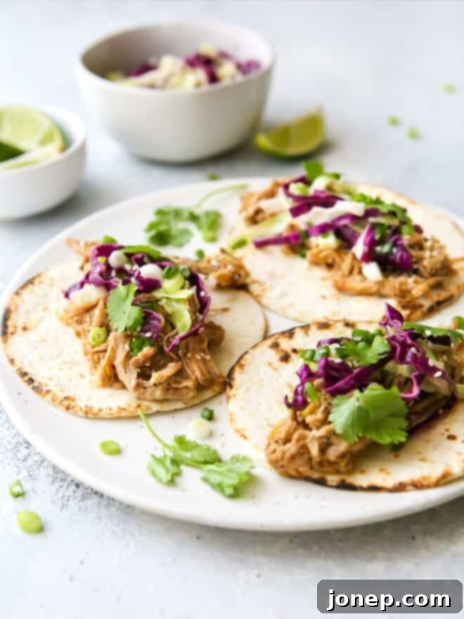 Gochujang Pulled Pork Tacos 5 Close-up view of two Slow Cooker Korean Pork Tacos on a white plate, garnished with fresh cilantro.