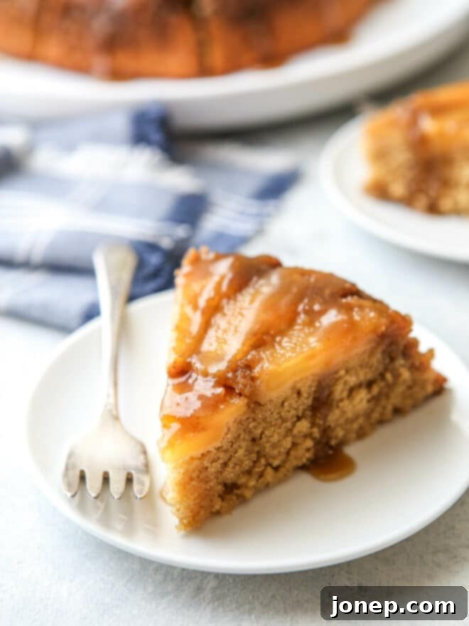 Sticky Caramel Apple Crown Cake 11 closeup of caramel apple upside down cake on a plate