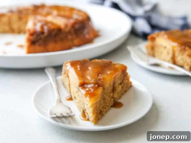 Sticky Caramel Apple Crown Cake 3 closeup of slice of caramel apple upside down cake